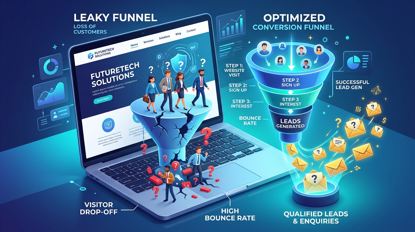 3D illustration contrasting a leaky website funnel with an optimized conversion funnel