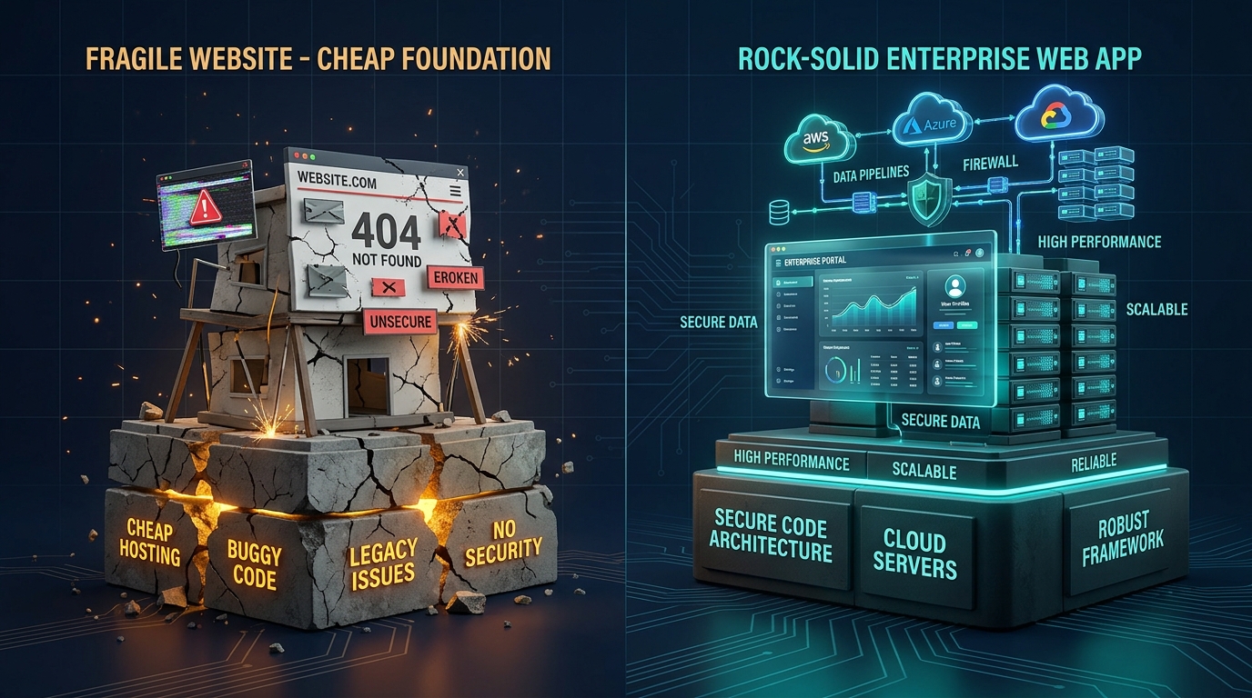 Illustration contrasting fragile cheap website foundation with robust secure architecture