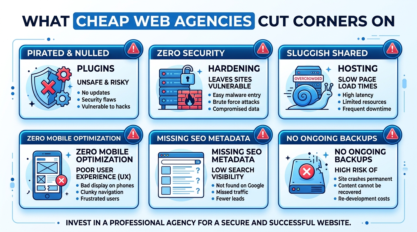 Infographic detailing critical security and quality corners cut by cheap web agencies