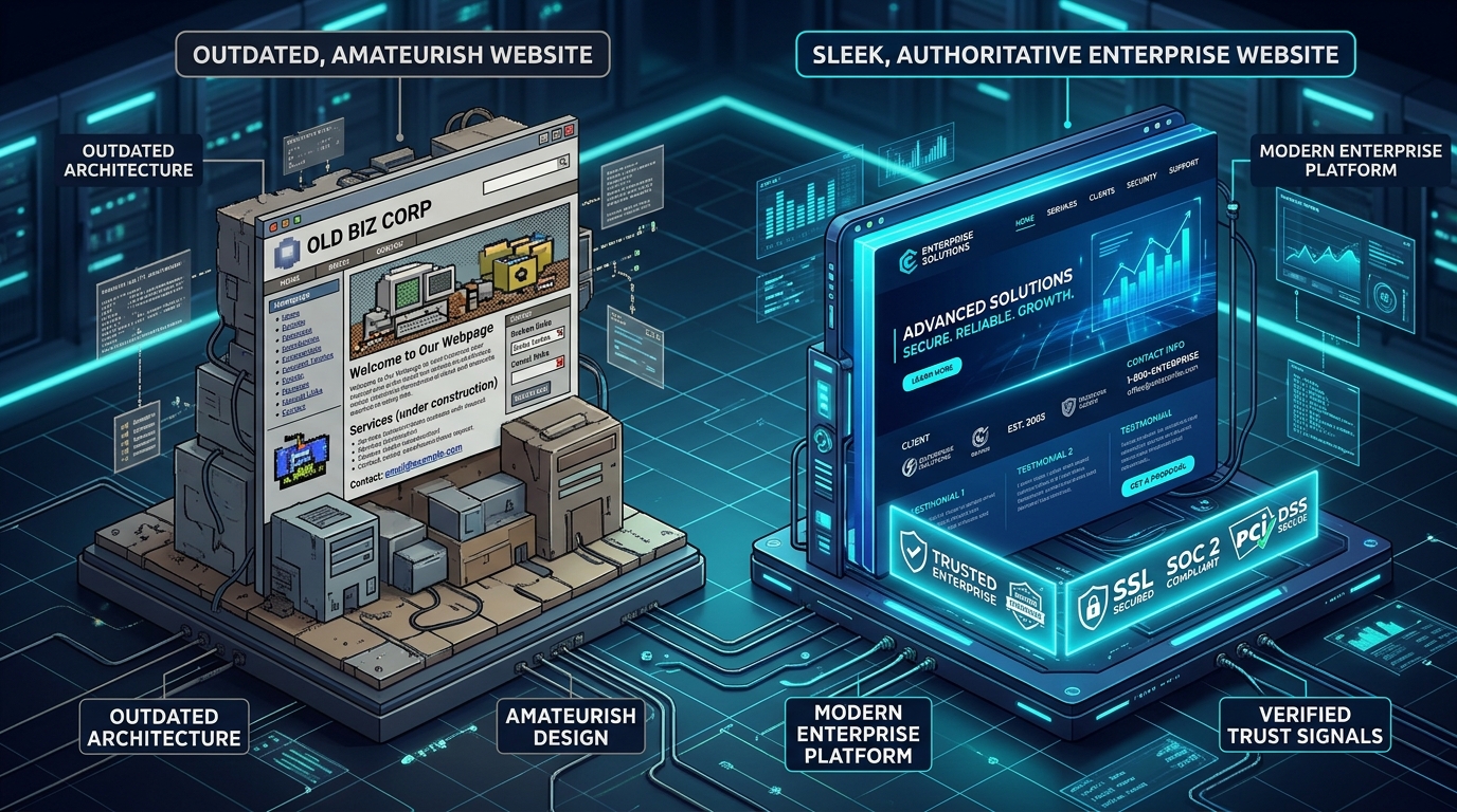 Isometric drawing contrasting amateur website design with professional enterprise web presence