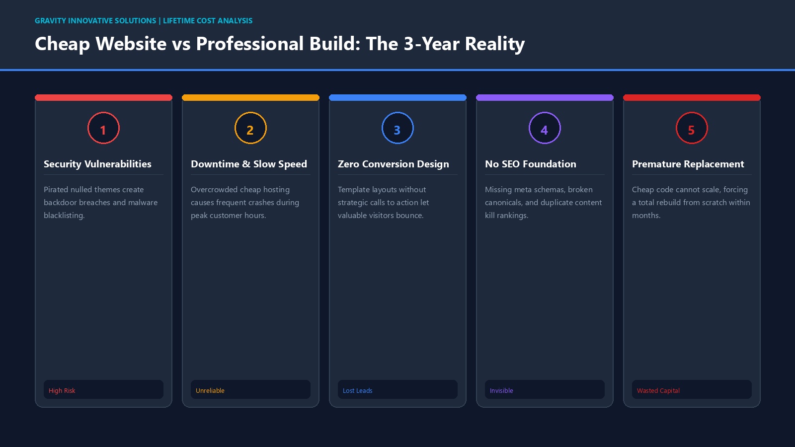 Infographic comparing the 3-year hidden financial costs of cheap websites against professional custom builds