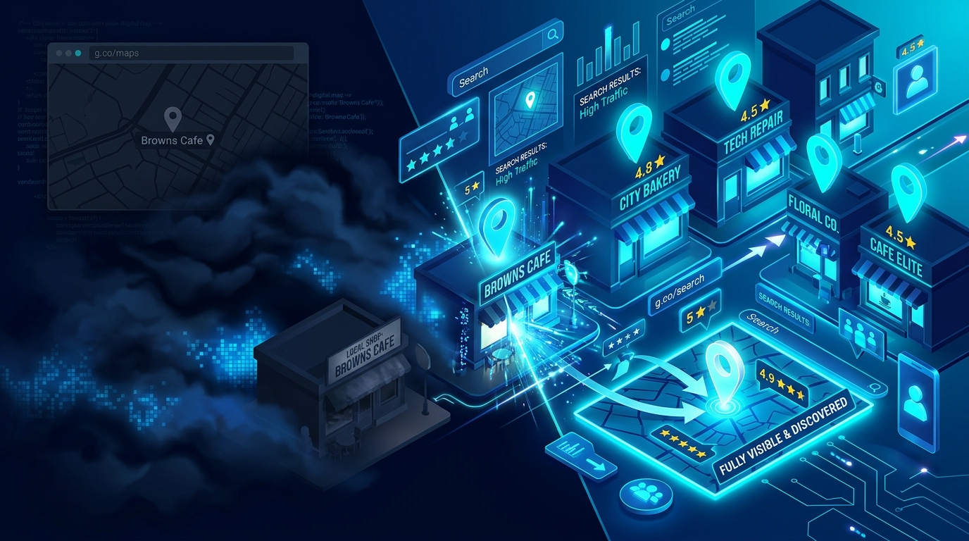 Illustration of business emerging from digital obscurity to top Google search visibility