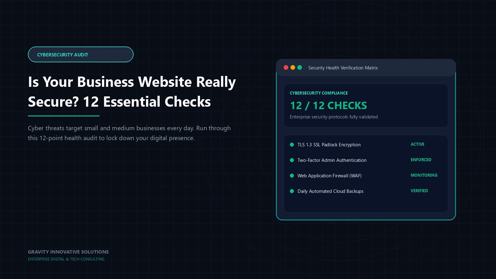 Cybersecurity audit tablet scanning website infrastructure with verified green checkmarks