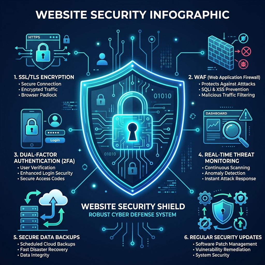 Futuristic cybersecurity shield with glowing cyber lock defending business database and server against malware
