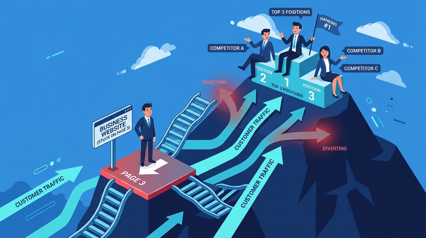 Conceptual 3D illustration of website search ranking on Google vs competitors