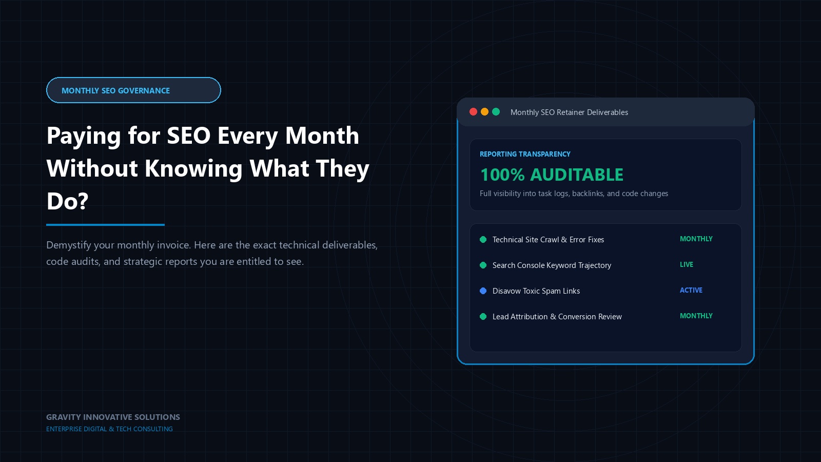 Tech illustration showing transparent monthly SEO deliverables and audit checkpoints