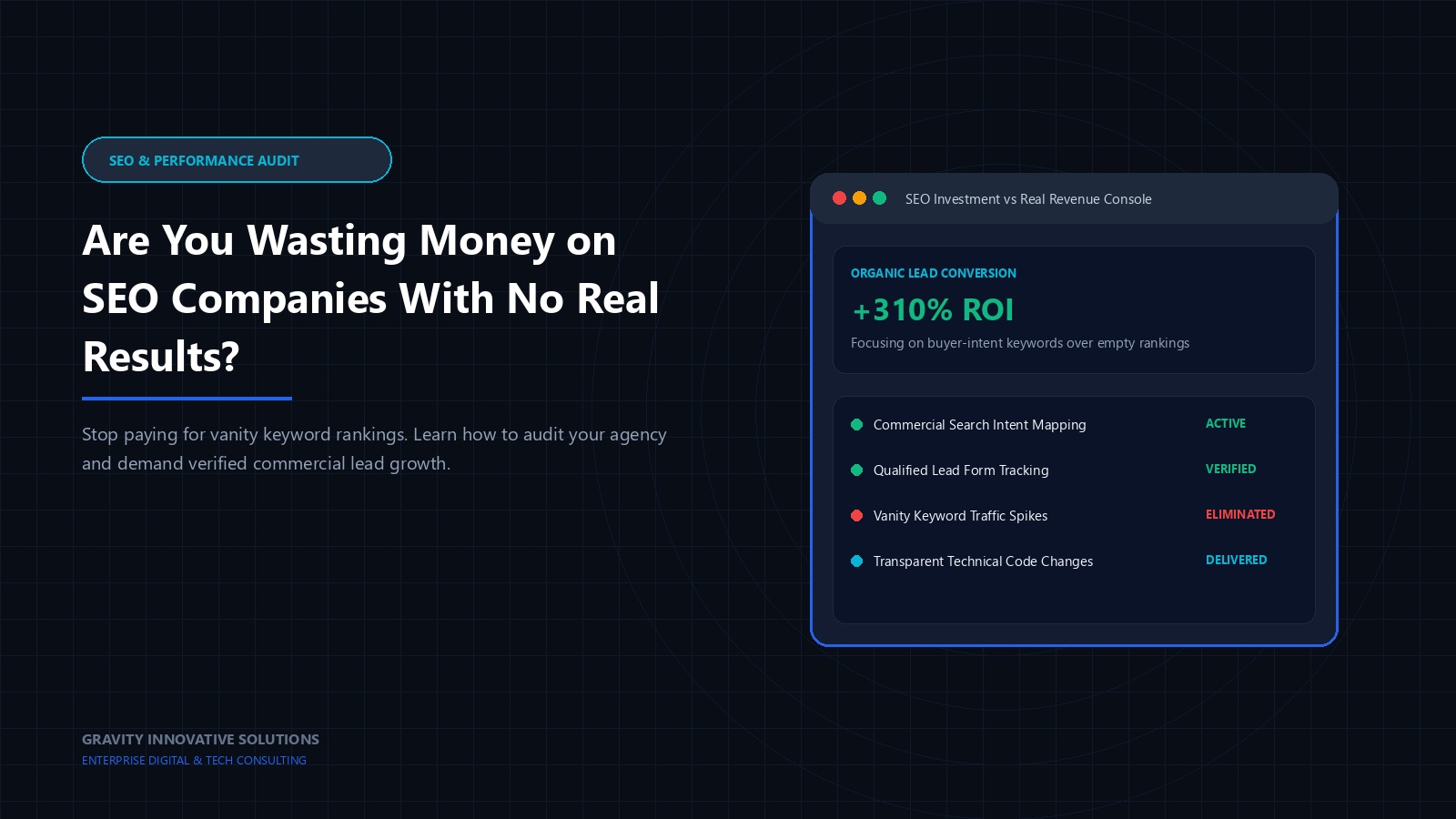 Digital tech illustration analyzing SEO investment returns against genuine commercial lead generation