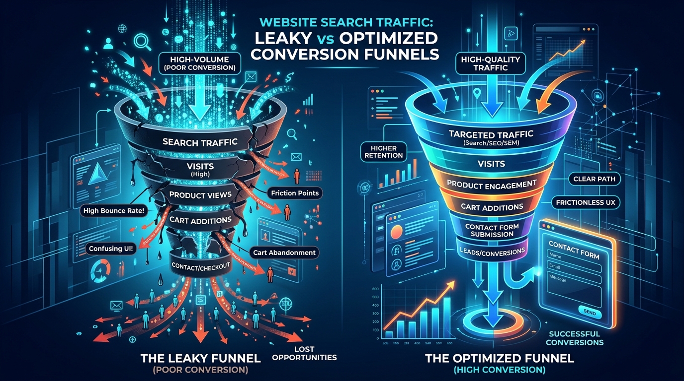Funnel illustration showing search traffic flowing into a website conversion funnel