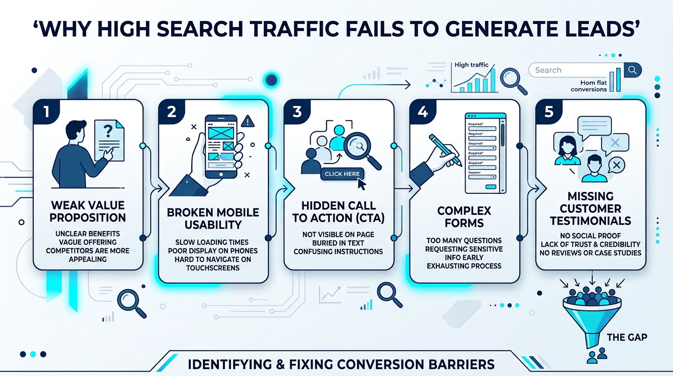Infographic detailing why high search traffic fails to generate customer leads